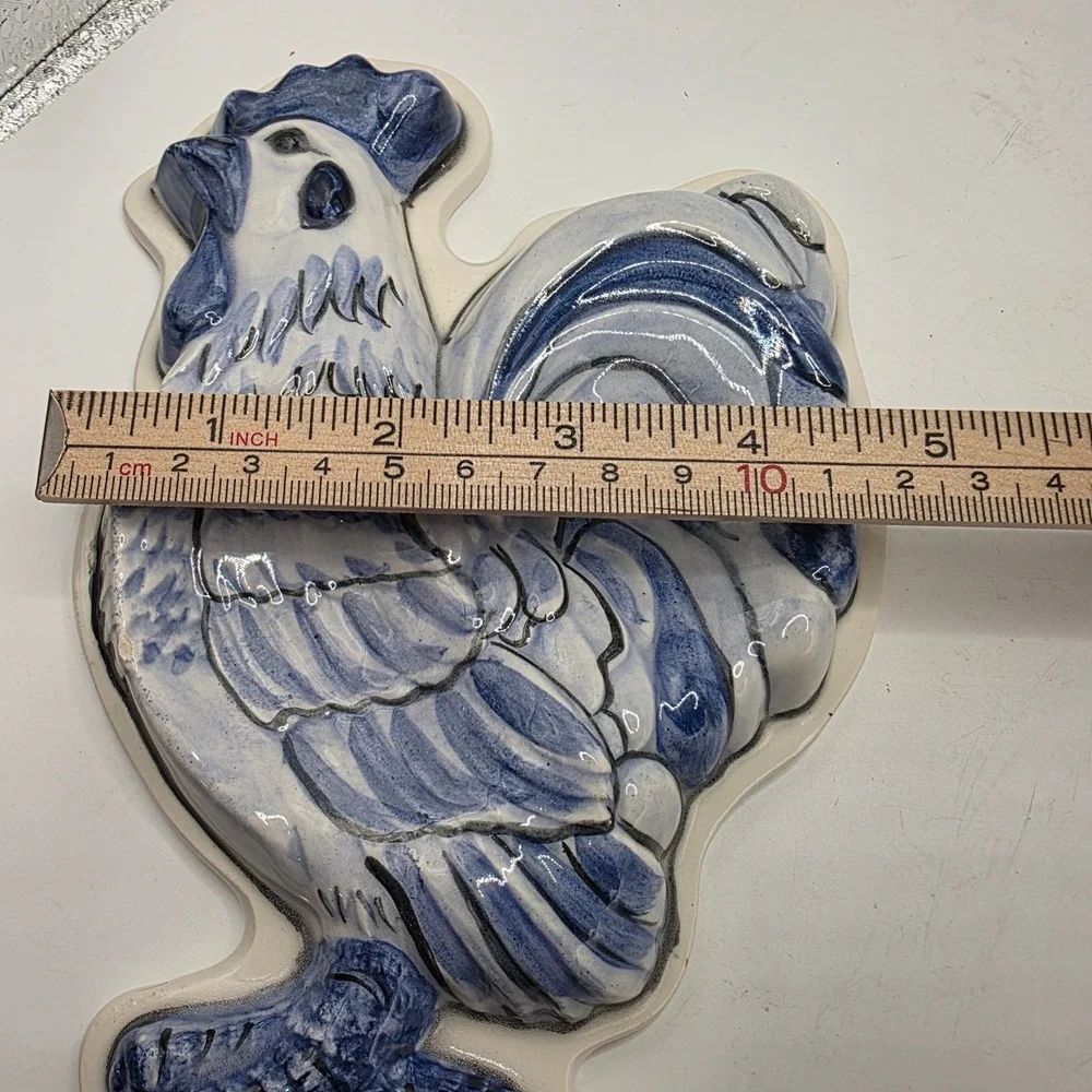 Joni 15 Handcrafted Ceramic Rooster Dual Spoon Rest Blue White Farmhouse Decor